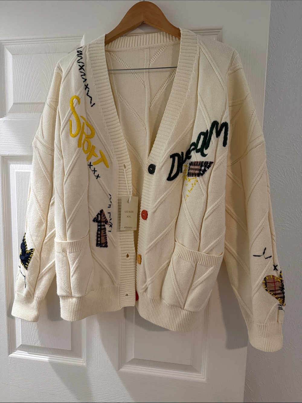 Cream Cardigan with Red and Tan Buttons